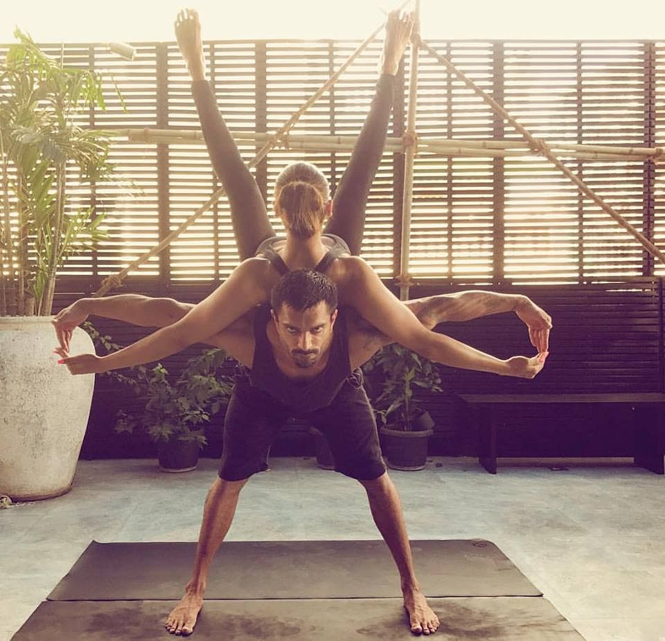 Bollywood star Bipasha Basu and karan Grover at yoga day 2017