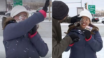 News Reporter gets hit by a SNOWBALL before LIVE weather update