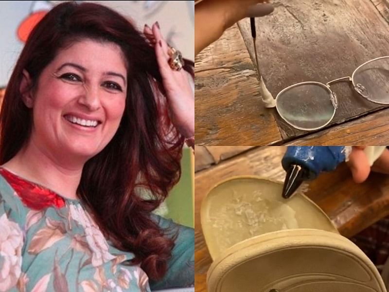 viral video of twinkle khana  twinkle khanna tries to repair broken slipper and spectacles