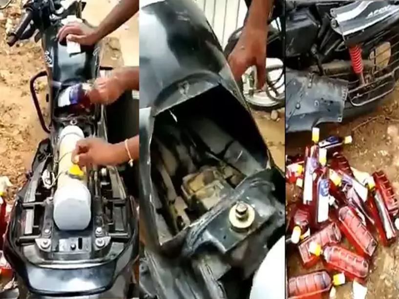viral video of man  who carrying alcohol bottle in bike petrol tank