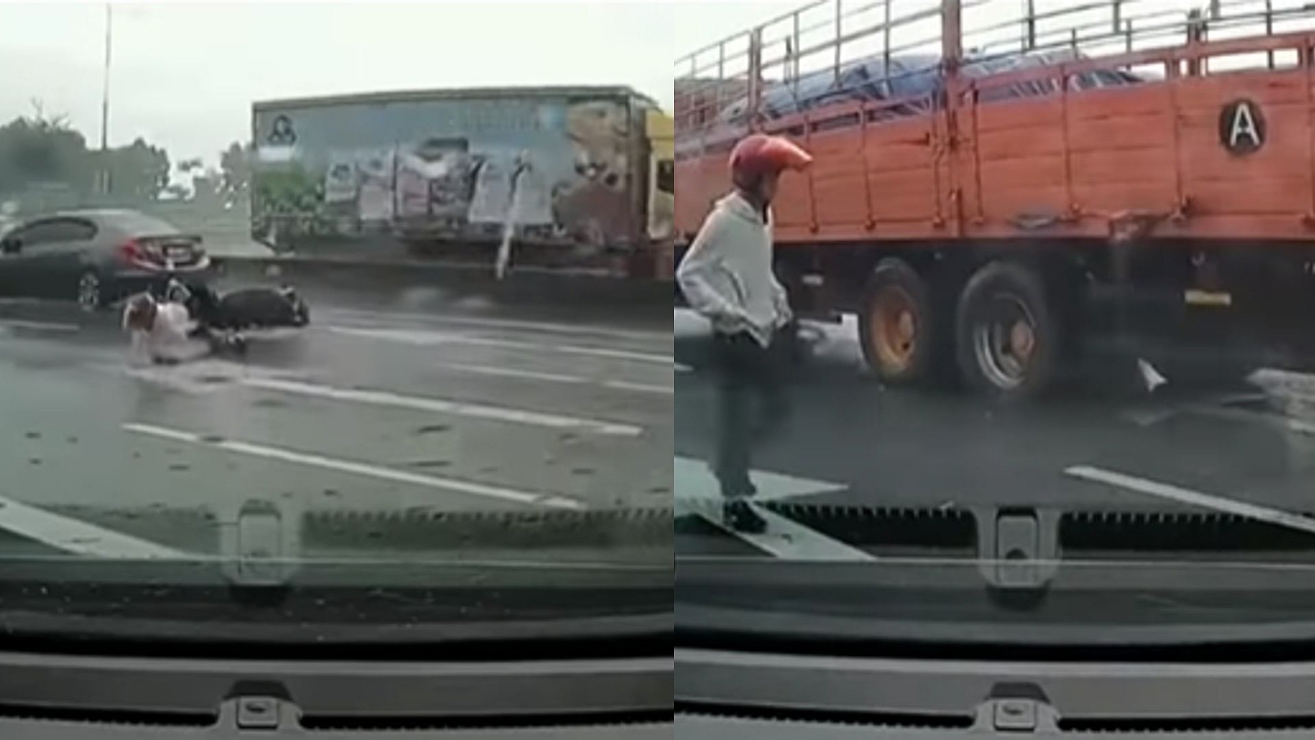Accident Viral Video biker saved from coming under high speed truck shocking
