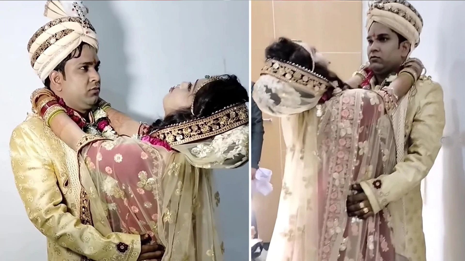 bride gave strange pose after marriage groom got scared on seeing watch video