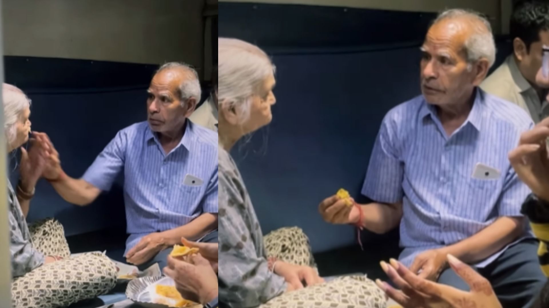 elderly man feeding sick wife with his hands in the train video went viral on social media