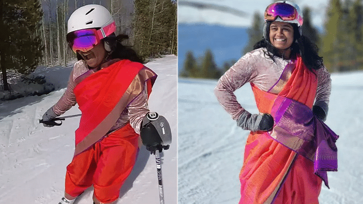 woman skiing wearing maharashtrian style saree video is going viral