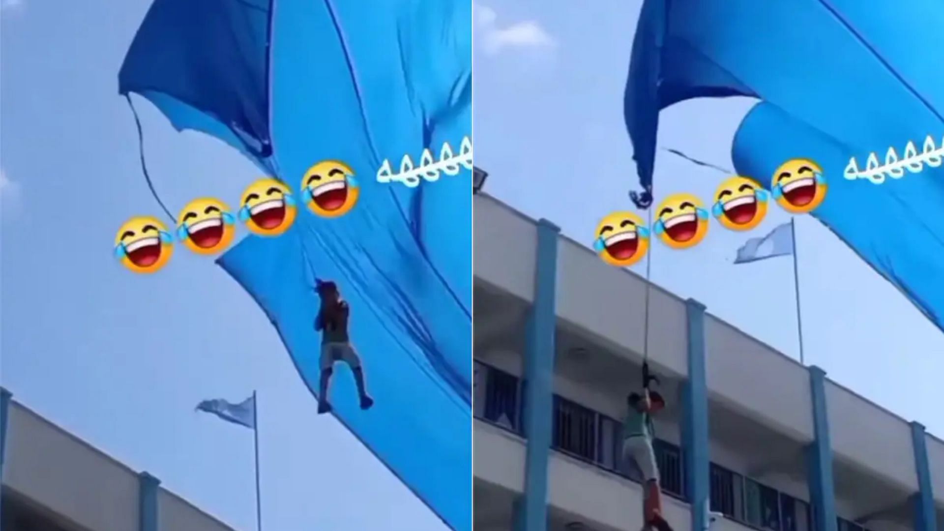 Boy holding rope flies in the air viral going video on social media