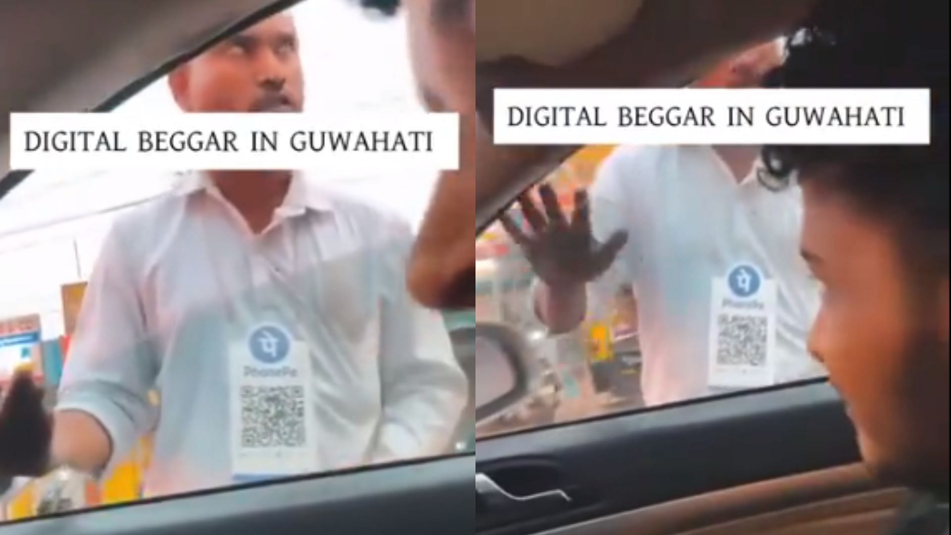 beggar hung QR code around the neck video viral amazing way to beg