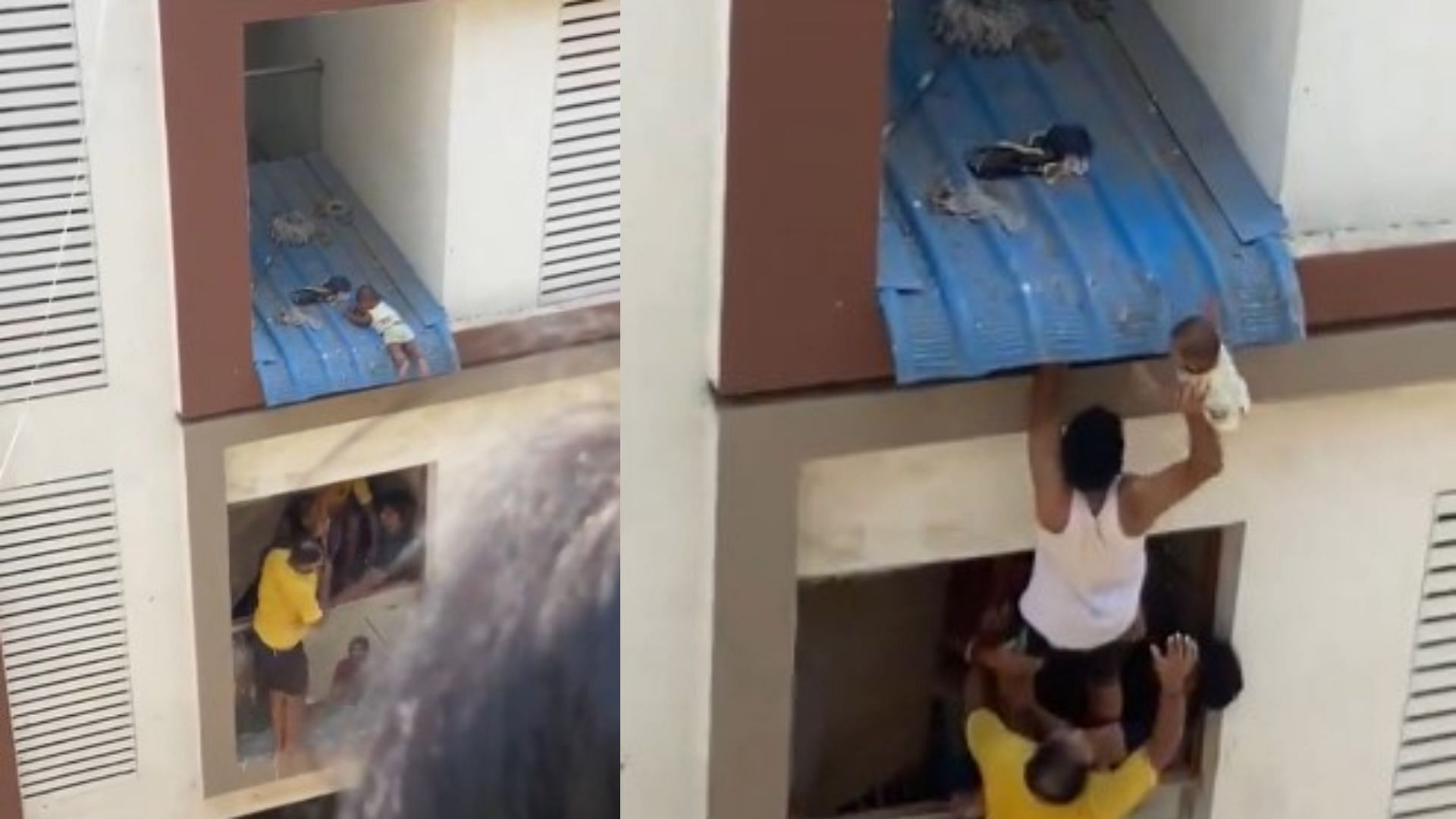 Video Viral on social media people saved the life of a newborn stuck on the balcony