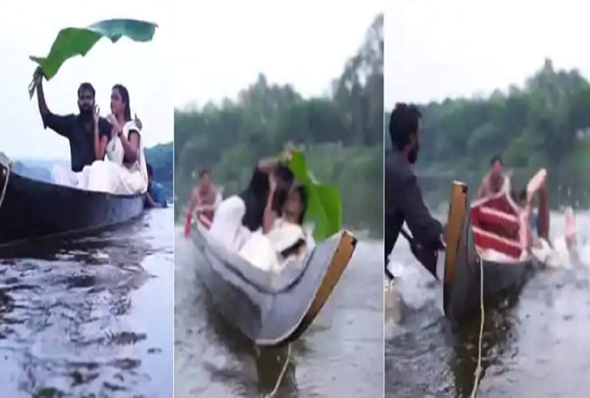 VIDEO: चल रहा था प्री-वेडिंग फोटोशूट लेकिन दूल्हा-दुल्हन के साथ हो गया ये हादसा couple falls into river from boat during pre-wedding photoshoot video goes viral