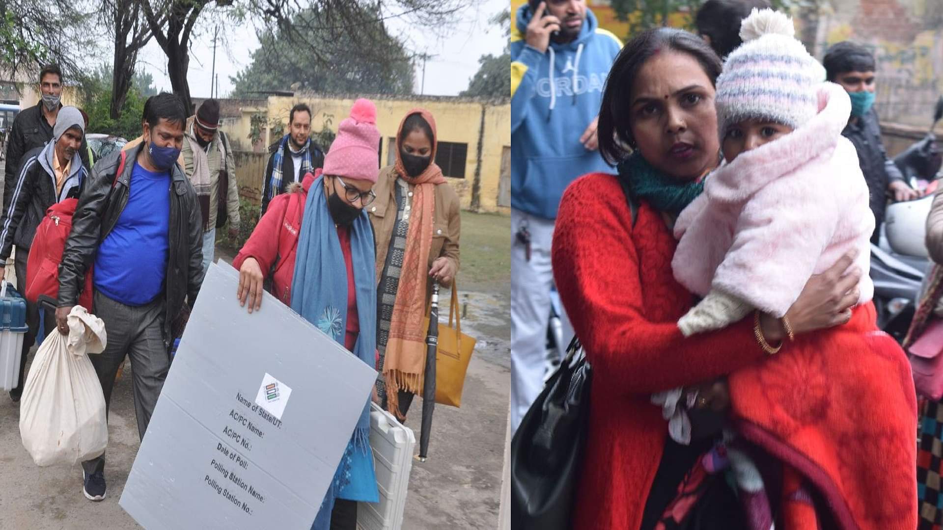 UP Election 2022: गोद में बच्चा, बारिश में भीगते बस्ता लेने पहुंचीं महिला कर्मी, दंपती की नहीं कटी ड्यूटी up election 2022: Women polling personnel went on election duty with her children in Agra