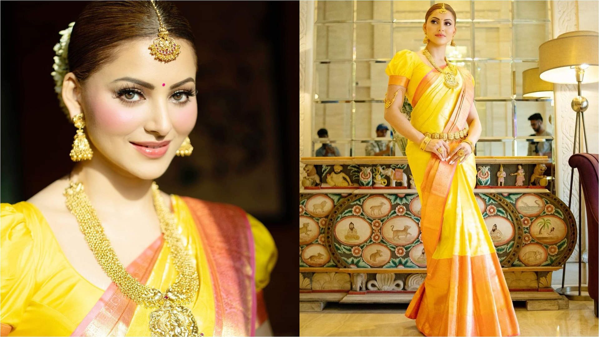 Urvashi Rautela: पीली साड़ी में उर्वशी रौतेला को देख हो जाएंगे फिदा, बिल्कुल पारंपरिक अंदाज में हुईं तैयार urvashi rautela yellow kanjivaram saree gold jewellery traditional look for movie trailer launch