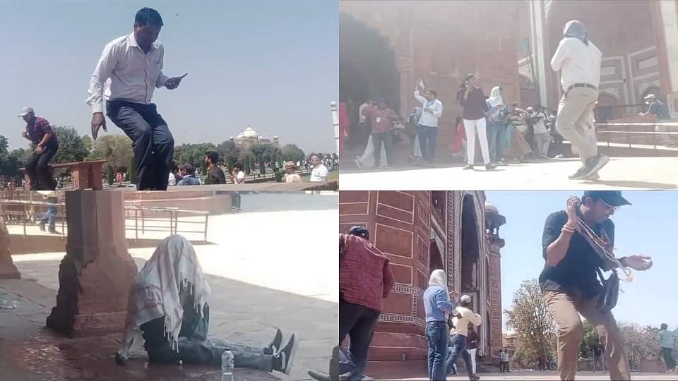 UP: ताजमहल पर आई ऐसी आफत...पर्यटकों में मची भगदड़, कोई मुंह ढक कर बैठा, तो किसी को लगानी पड़ी दौड़ Such disaster befell Taj Mahal stampede among tourists some sat covering their faces while others had to run