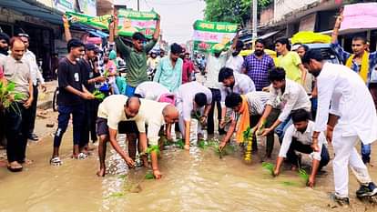 Bhadohi News: स्टेशन रोड पर जलभराव...व्यापारियों ने की धान की रोपाई, रोष; एक हफ्ते की दी चेतावनी Chandauli News Waterlogging on Station Road Traders planted paddy Warning given for week