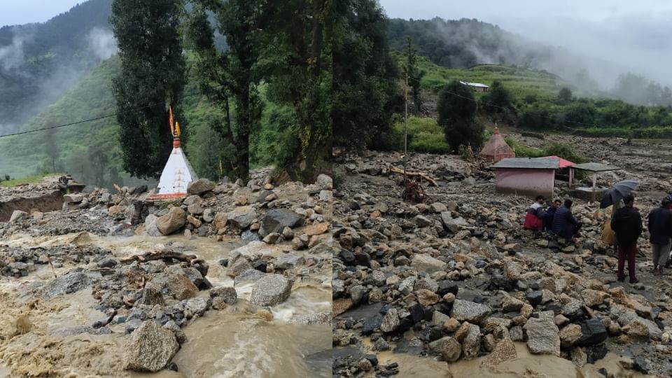 टिहरी में बादल फटा: भारी मात्रा में आया मलबा, भागीरथी का प्रवाह रुकने से बनी झील, दो मंदिर मलबे में दबे Cloud burst in Tehri Genwali Village debris stoppage of flow of Bhagirathi lake formed temples buried
