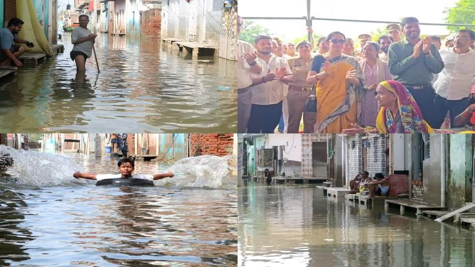 बर्बादी की बाढ़: दरक रहे मकान, धंस रहे फर्श...घरेलू सामान खराब; सांसद हेमा मालिनी ने राहत शिविर में गाया भजन flood in mathura: crops and houses damaged due to flood MP Hema Malini inspected flood relief camp