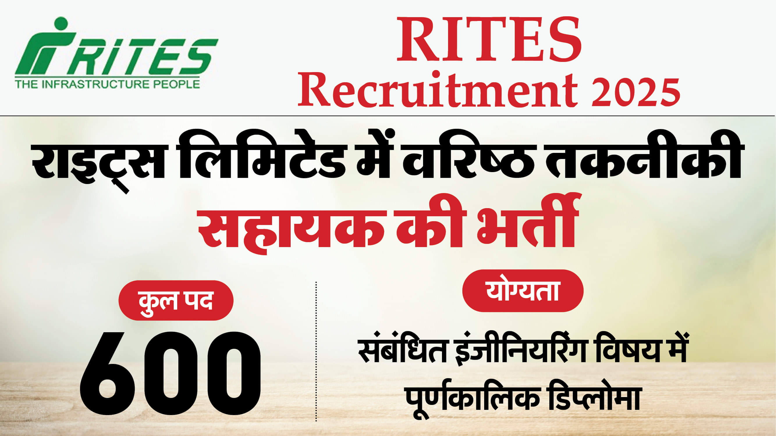 RITES Job: राइट्स लिमिटेड में निकलीं वरिष्ठ तकनीकी सहायक की 600 नौकरियां, जानें चयन प्रक्रिया और सैलरी डिटेल्स RITES Recruitment 2025 Notification OUT: Apply Online for 600 Senior Technical Assistant Posts