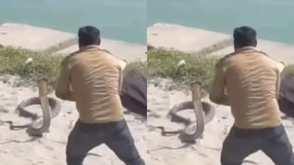 Viral Video: गंगा घाट पर दिखा 15 फुट लंबा जहरीला किंग कोबरा, नागराज को देख रोंगटे हुए खड़े, इधर-उधर भागे लोग A 15 foot long venomous king cobra was spotted at the Ganges Ghats people running in shock Video Viral