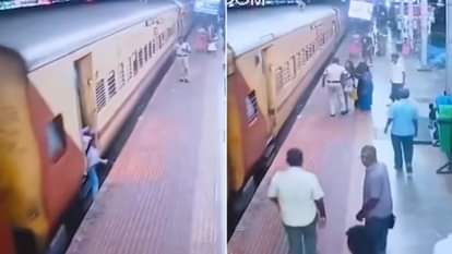 Viral Video: चलती ट्रेन से महिला ने की उतरने की कोशिश तो फिसला पैर, आने वाली थी ट्रैक के नीचे कि RPF जवान... Woman slips while trying to get off a moving train was about to get under the track when RPF jawan Saved him