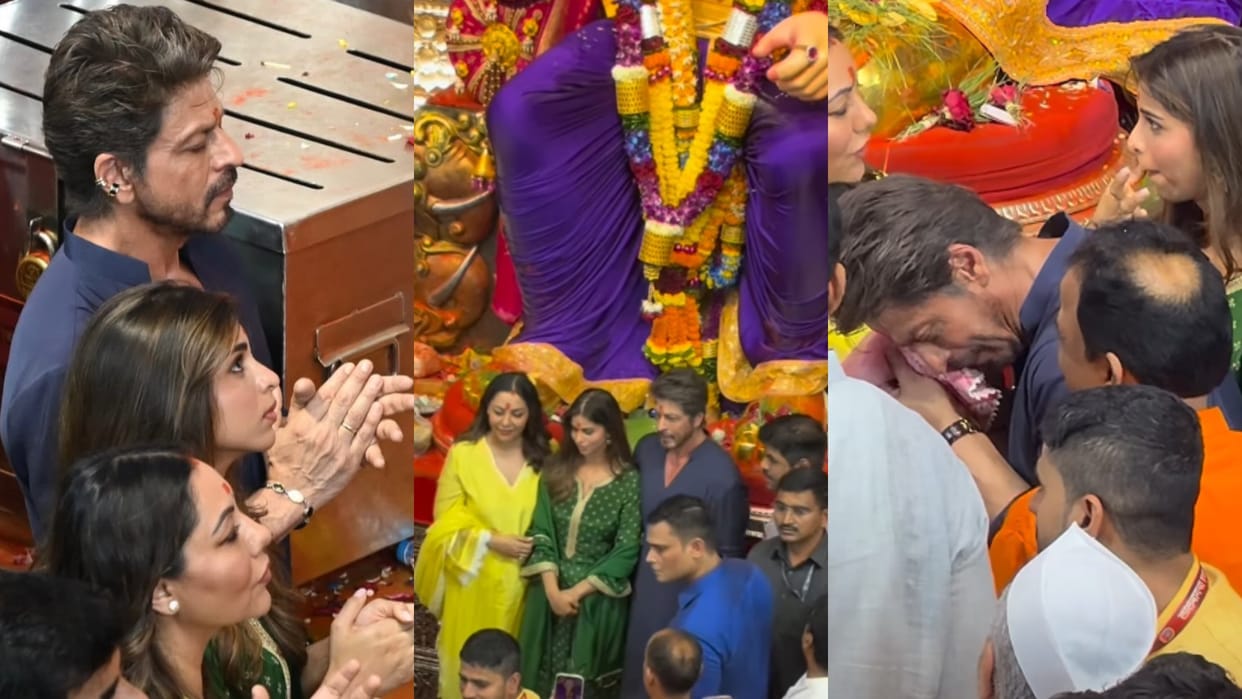 शाहरुख खान: पत्नी के सामने बादशाह ने क्यों पकड़ा मैनेजर पूजा का दुपट्टा? वायरल वीडियो पर भिड़े फैंस और ट्रोलर्स Shah rukh khan wiped sweat with His manager pooja dadlani dupatta at famous Lalbaugcha Raja video viral