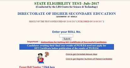 Kerala SET (July) 2017 Result Declared
