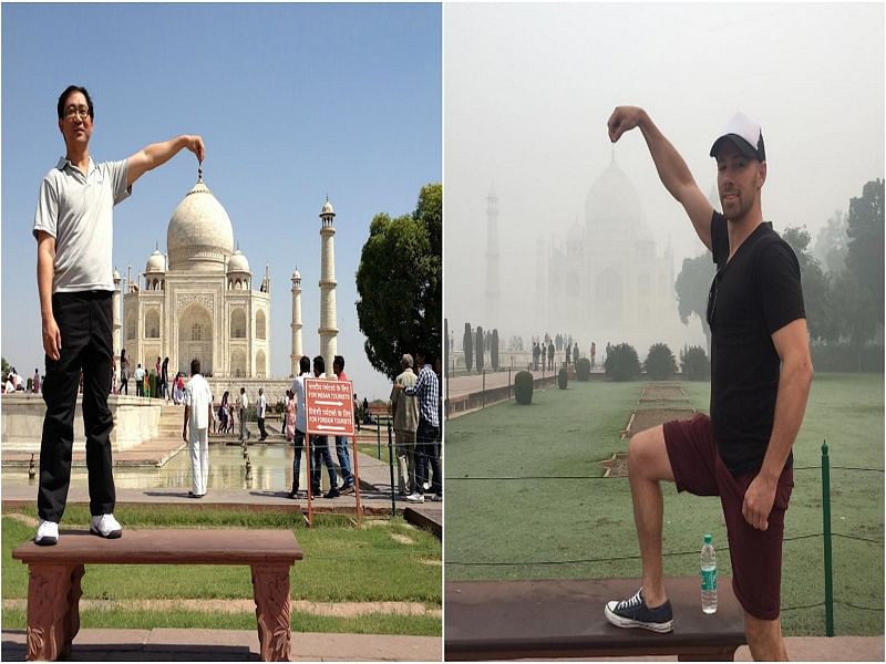 Tourists are unable to take pictures of Taj Mahal due to smog