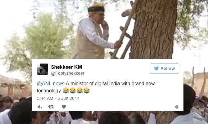Twitter reaction on Minister Arjun Ram Meghwal's climbing up tree for signal in Bikaner Rajasthan