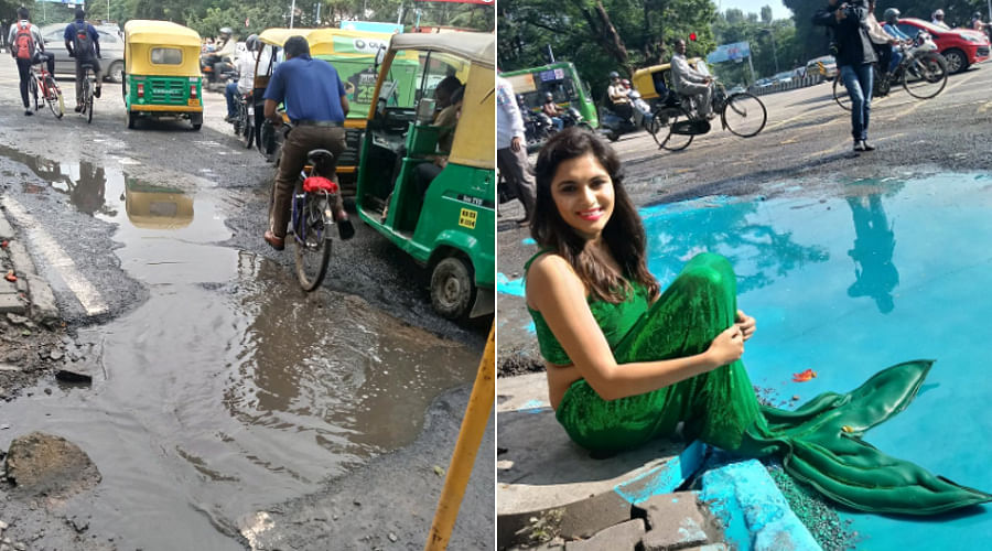 Bengaluru Artist Makes A Mermaid Sit In A Giant Pothole For A Unique Protest