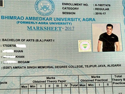 Agra university gives marksheet student with salman khan photo on it  