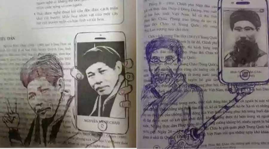 School kids and college guys creativity on their notebook and books, funny photos 