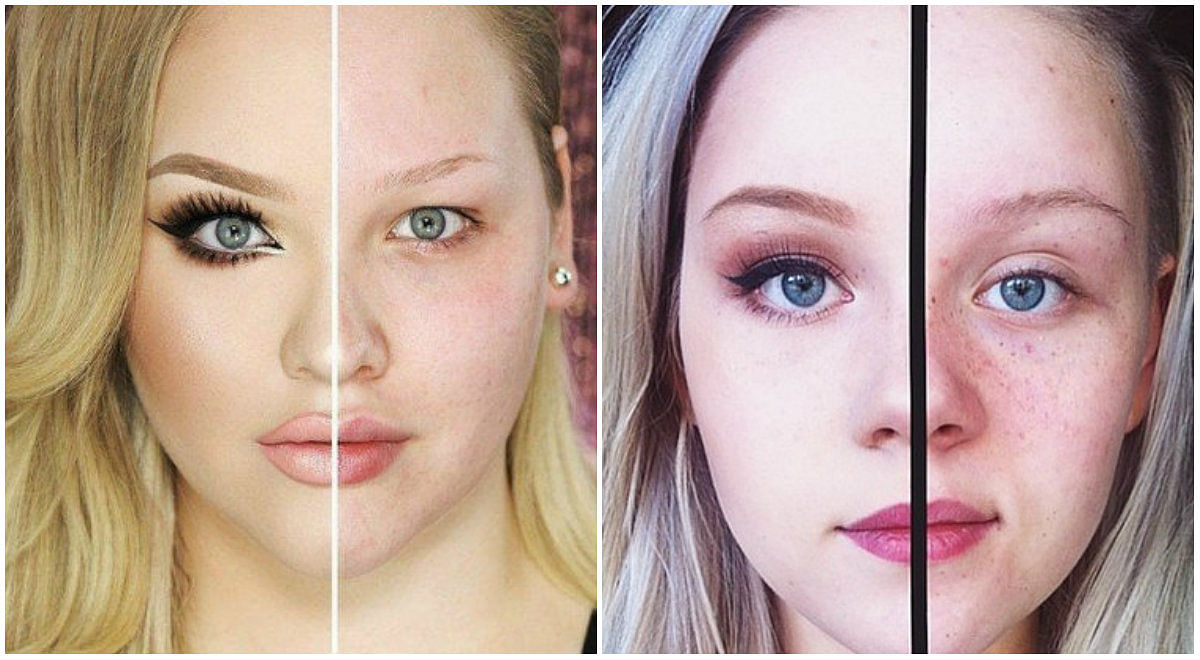 women make-up their half face to show the power of make-up