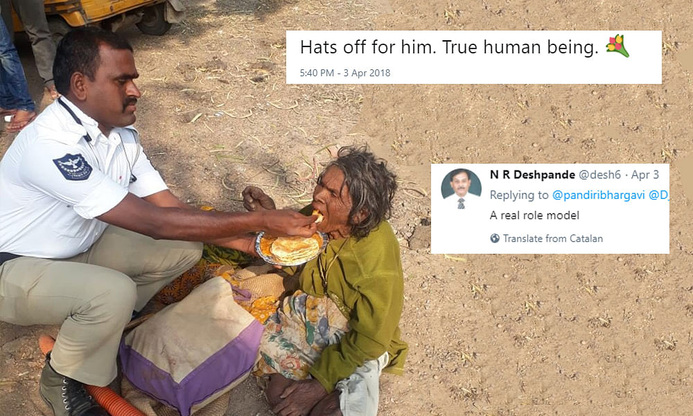 telangana traffic police home guard feeding homeless woman photo goes viral on social media