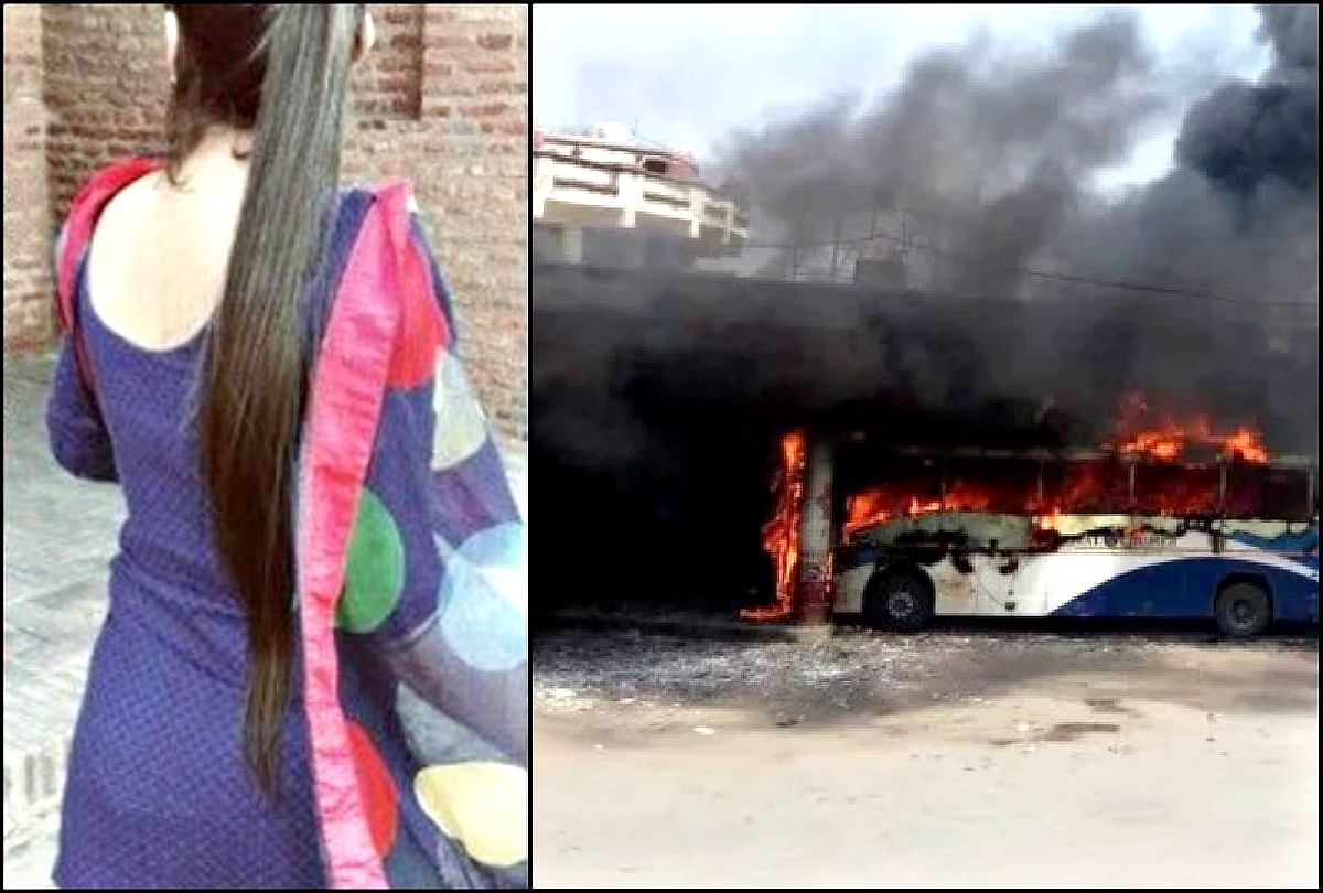 woman put fire on valvo bus in Varanasi