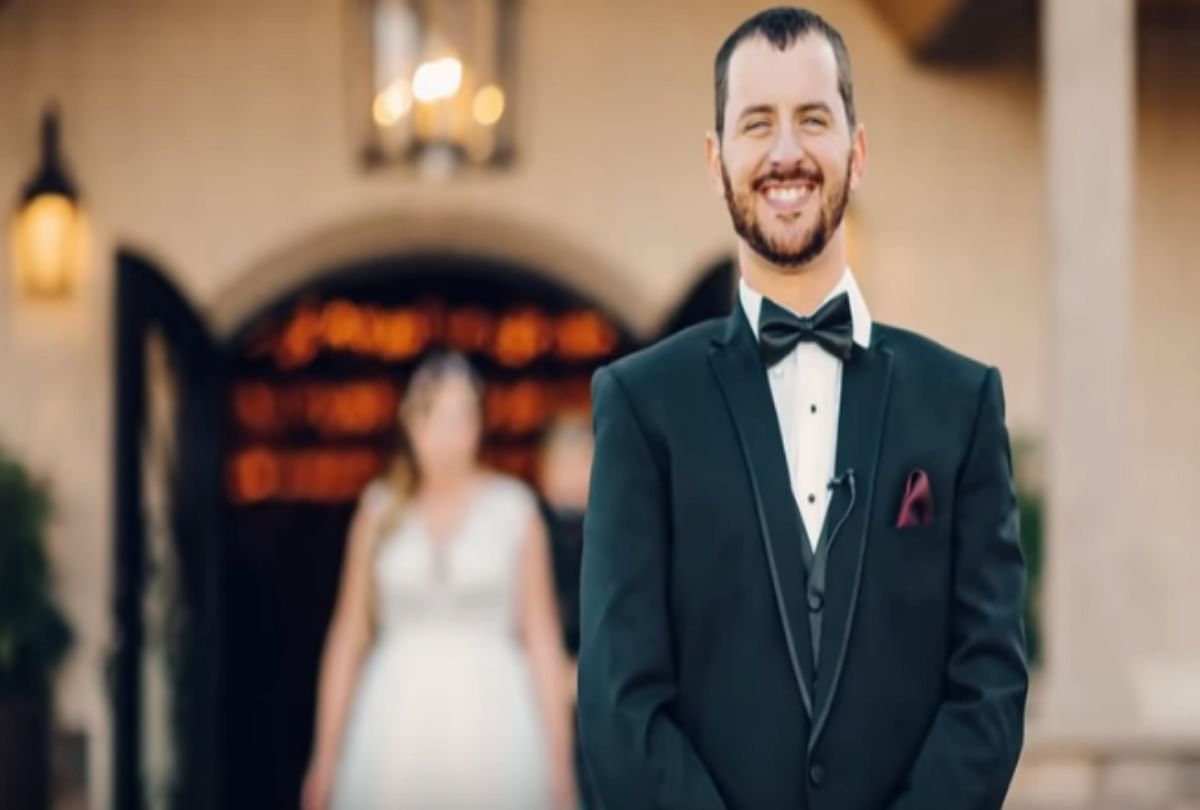 Best friend and bride prank groom with epic first look dress swap
