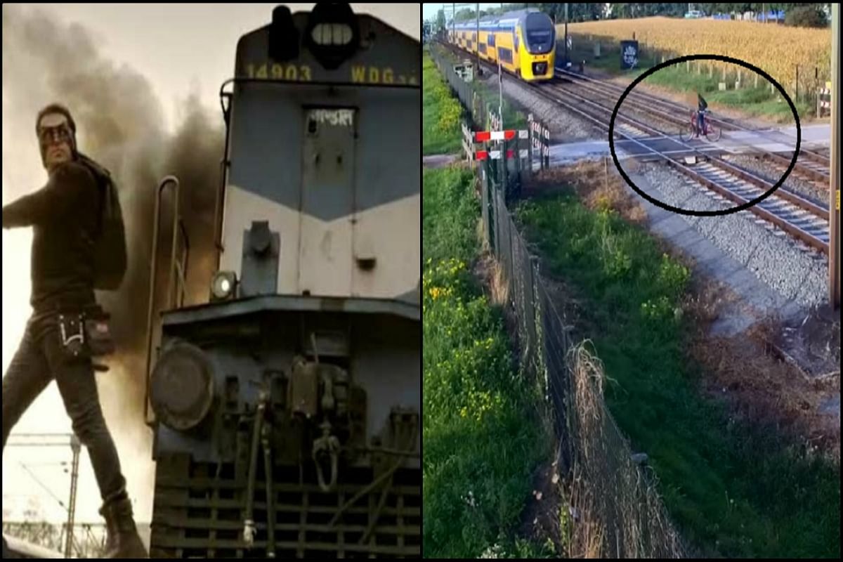 Video of cyclist narrowly escaping a collision with a train has gone viral on social media.