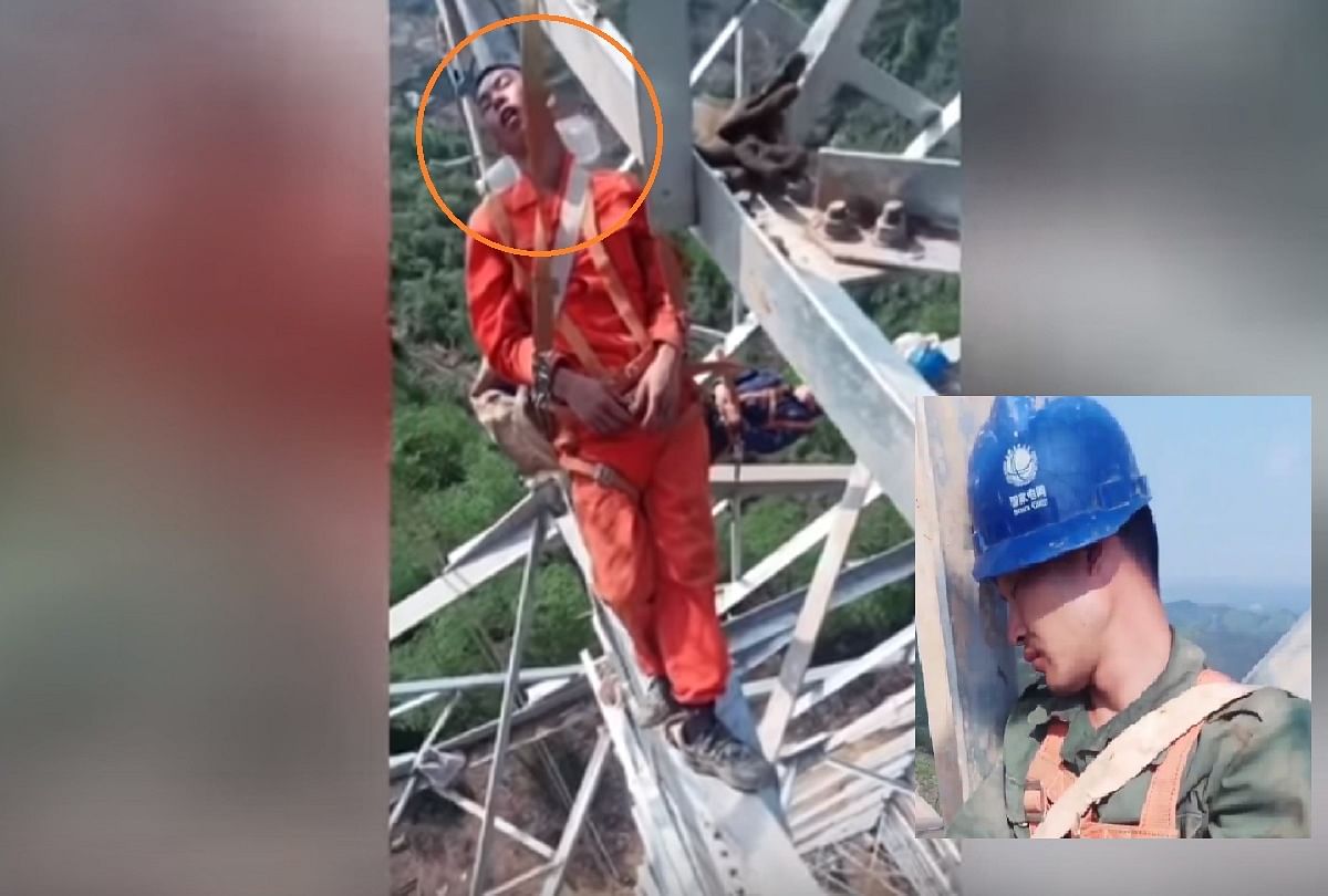 Viral Video Chinese workers sleeping at 50 meter high transmission tower