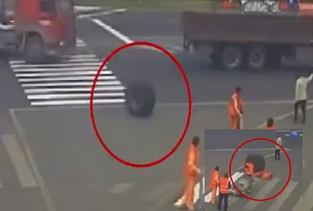 Viral video Tyre rolls off a running truck and run over a street painter in china