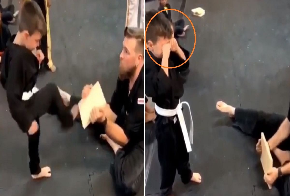 karate kid trying to break tiles on his feet video viral