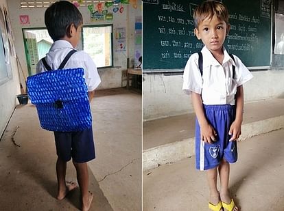 Cambodian teachers share a photo of hand made bag made by farmer