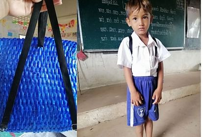 Cambodian teachers share a photo of hand made bag made by farmer