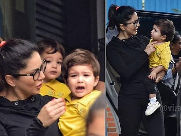sunny leone spot with son when he was crying