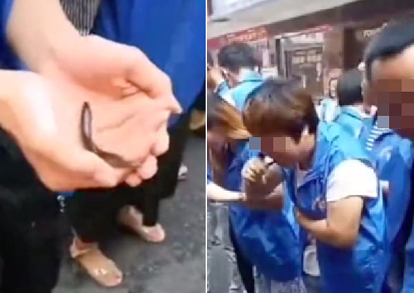 Chinese worker forced to eat live fish and drink bloof of chicken after
