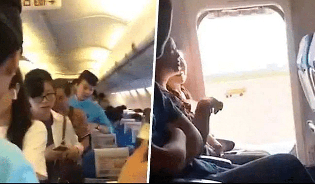 chinese woman open flight emergency door for fresh air