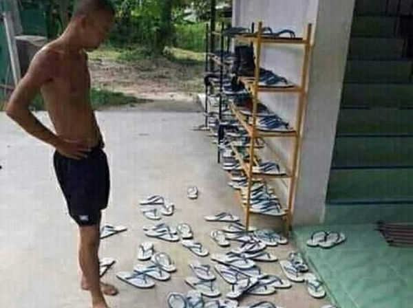 a guy trying to a find his slippers soxial media user got new idea make meme