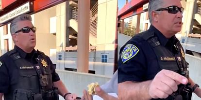 man eating sandwich police come arrest
