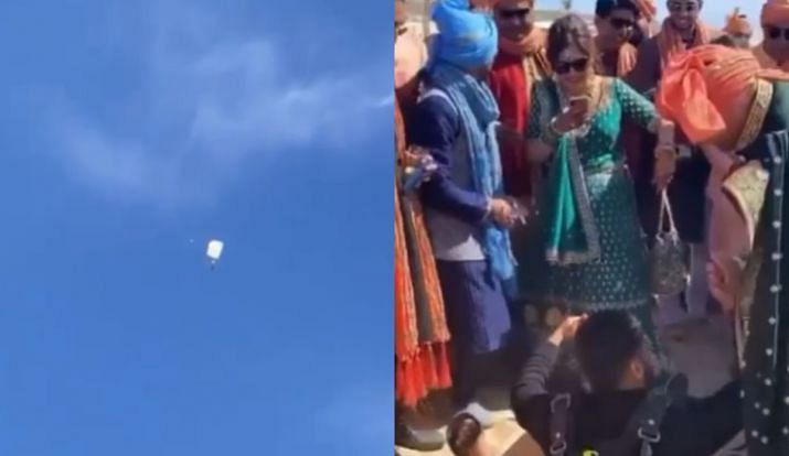 viral video of groom enter in barat through skydives