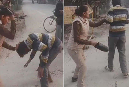 woman constable beaten youth on bad activity with shoes