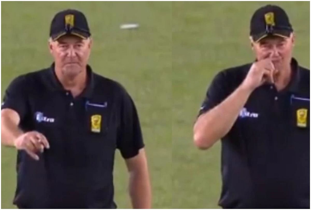 Viral video of umpire raises finger after lbw appeal ends up scratching nose