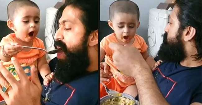 viral video of KGF Actor Yashand his daughter Ayra enjoy eating food together