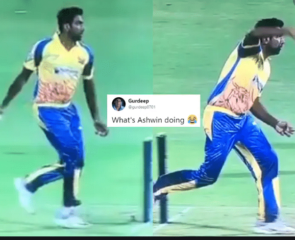 viral video of R ashwin unique bowling style batsman and fielder get shocked