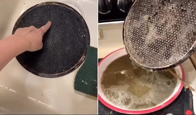 woman tried to clean burnt pan