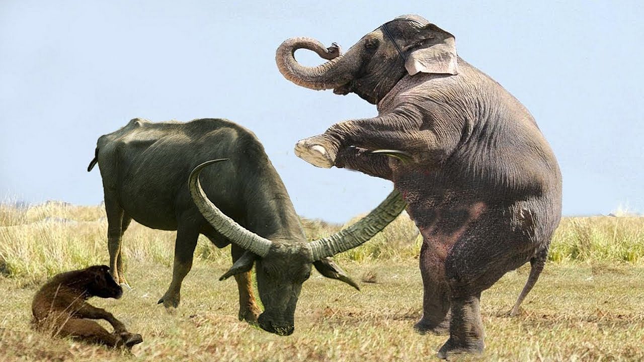 viral video of naughty elephant who kick buffalo see what happen next in video